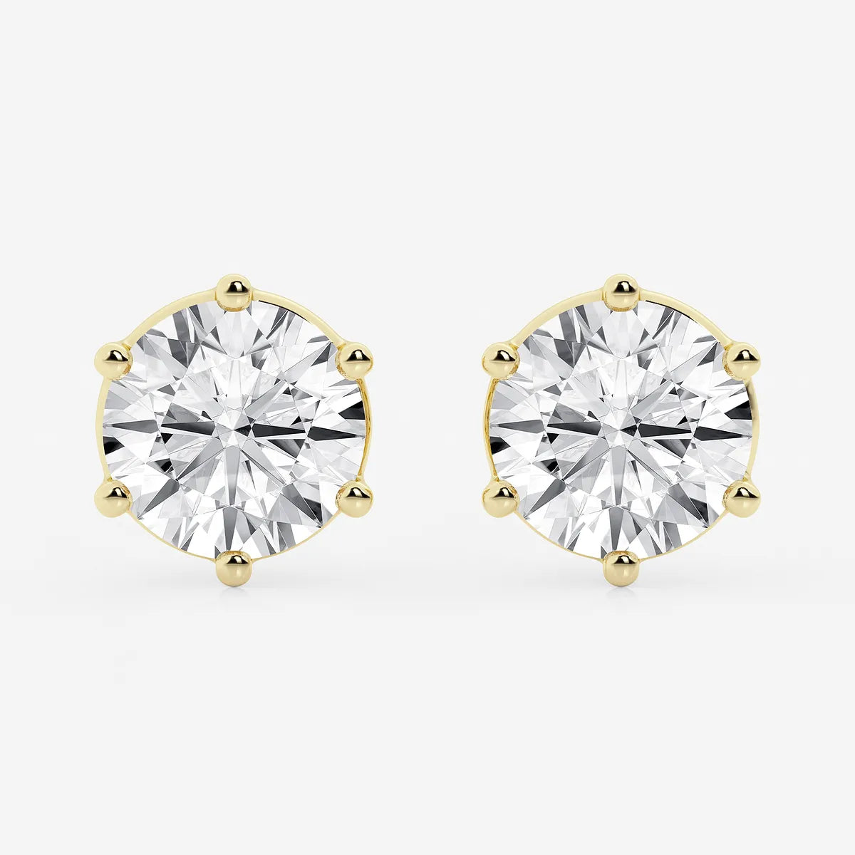 Round Colorless Lab Grown Diamond Six Prong Basket Stud Earrings in Solid Gold