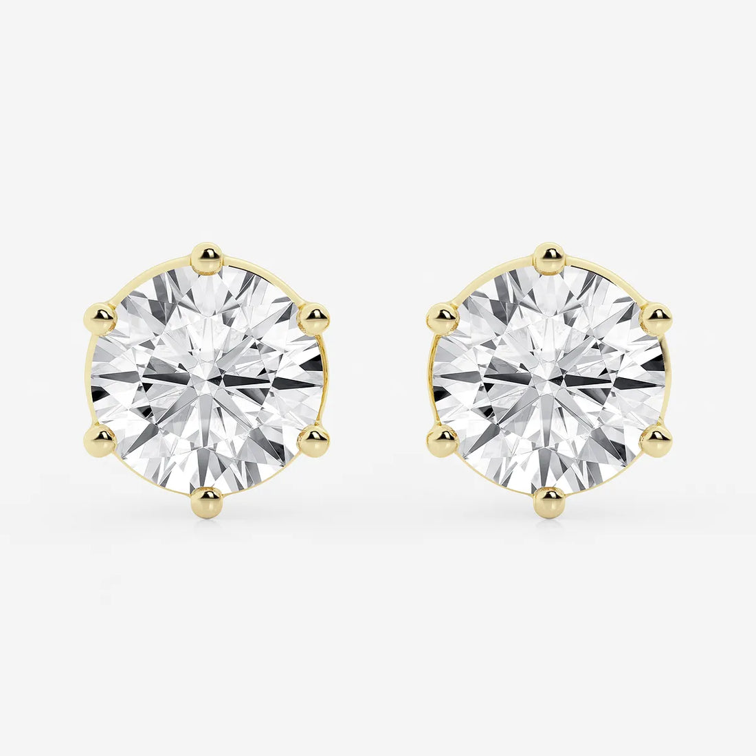 Round Colorless Lab Grown Diamond Six Prong Basket Stud Earrings in Solid Gold