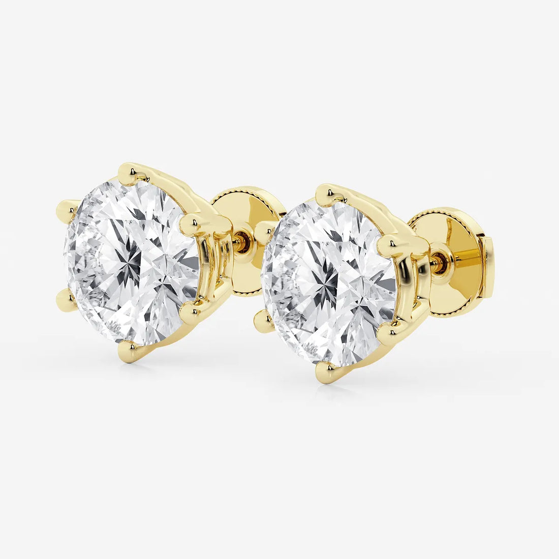 Round Colorless Lab Grown Diamond Six Prong Basket Stud Earrings in Solid Gold