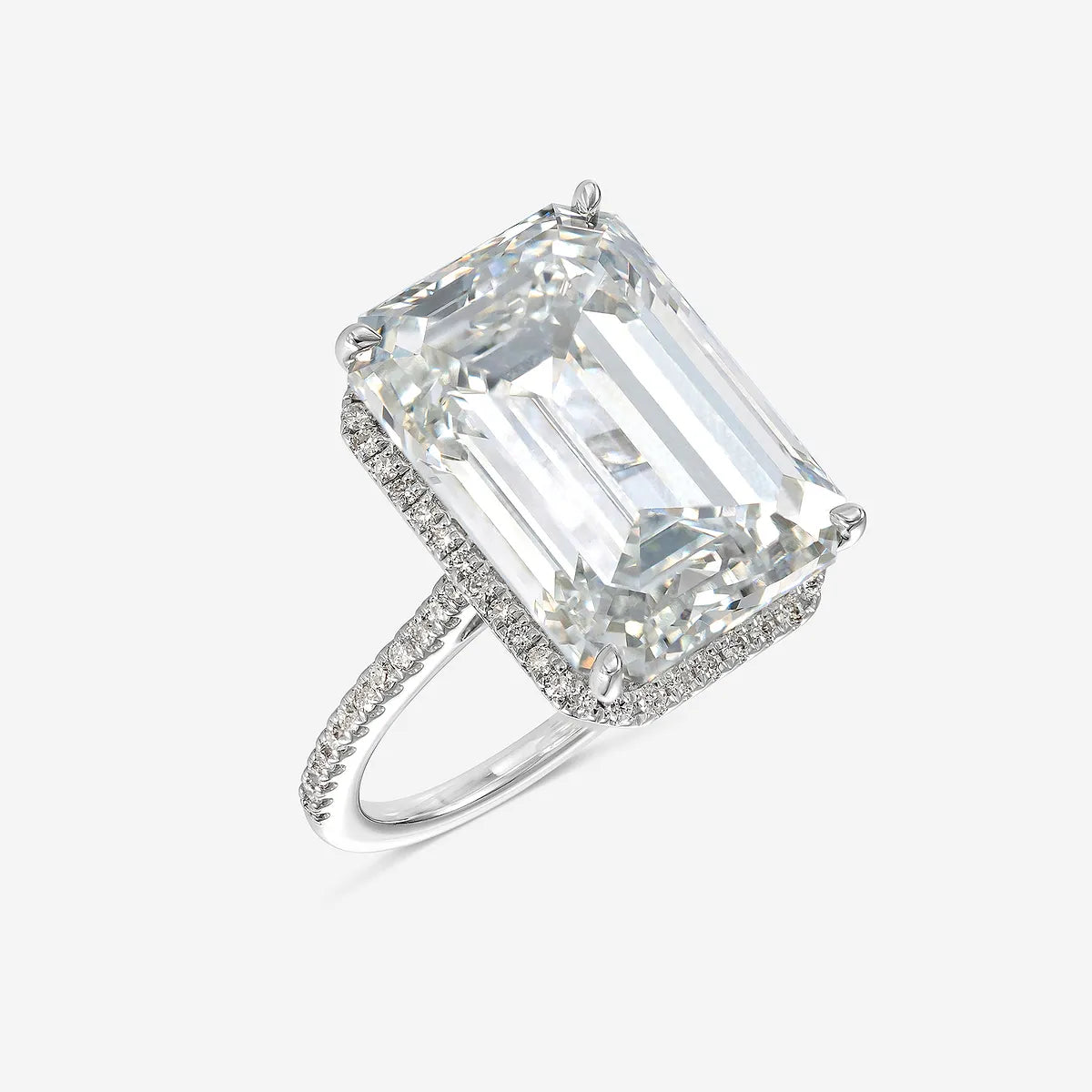 Emerald Cut Solitaire Engagement Ring   Hidden Halo & Micro Pave Diamond Band