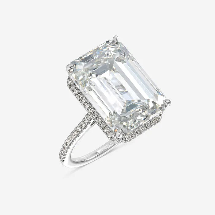 Emerald Cut Solitaire Engagement Ring   Hidden Halo & Micro Pave Diamond Band