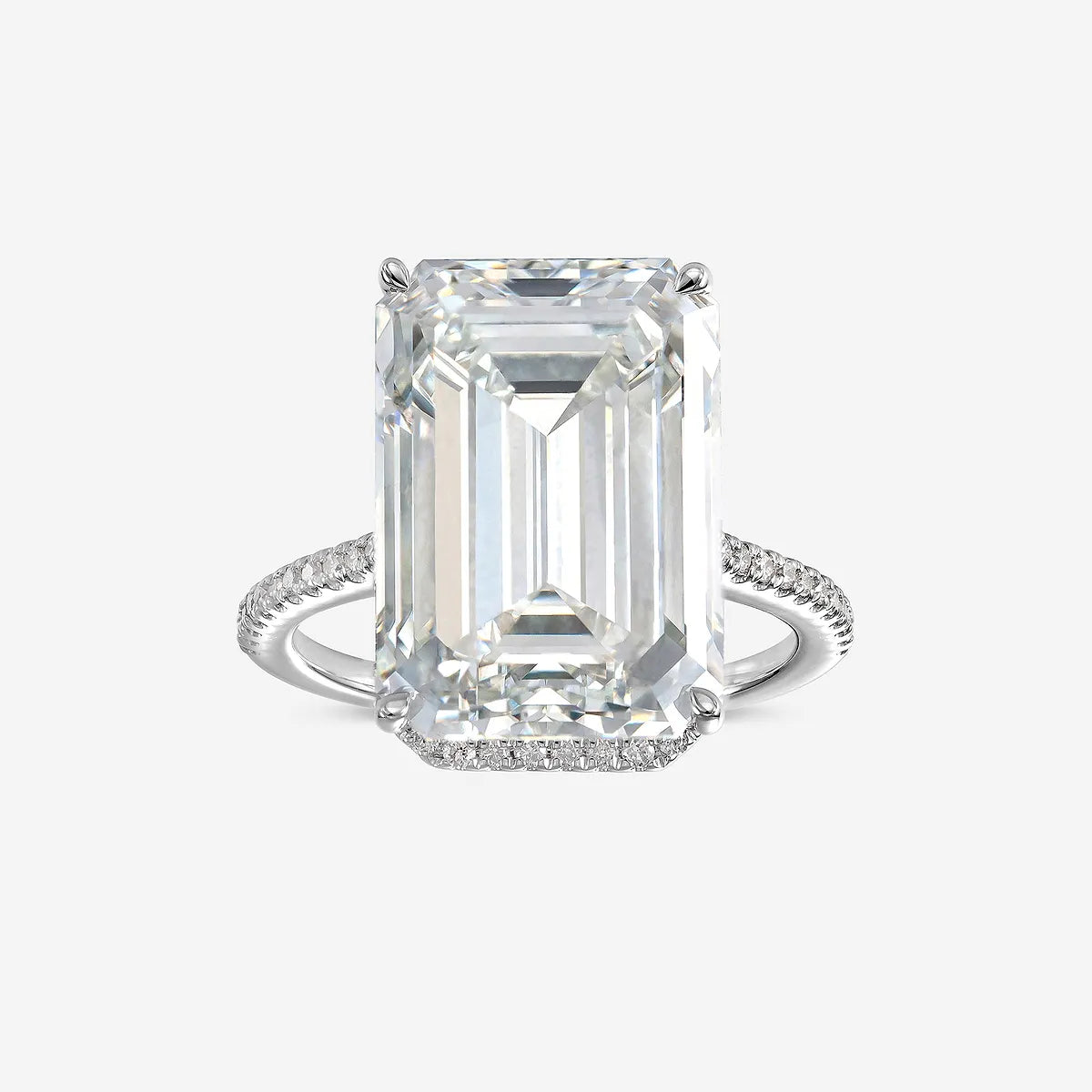 Emerald Cut Solitaire Engagement Ring   Hidden Halo & Micro Pave Diamond Band