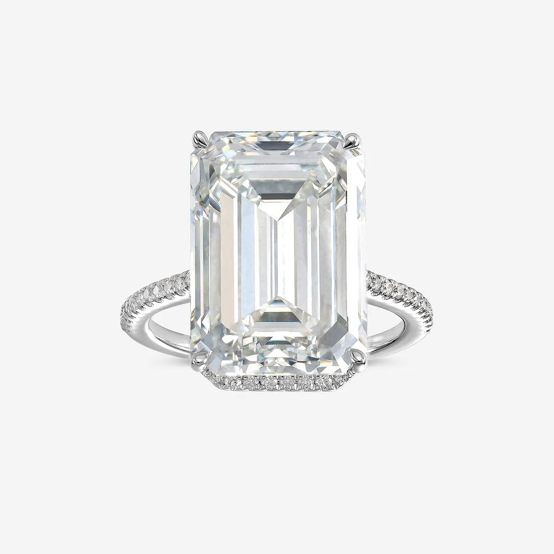 Emerald Cut Solitaire Engagement Ring   Hidden Halo & Micro Pave Diamond Band