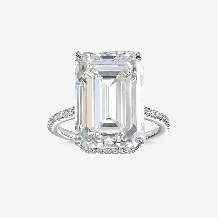 Emerald Cut Solitaire Engagement Ring   Hidden Halo & Micro Pave Diamond Band