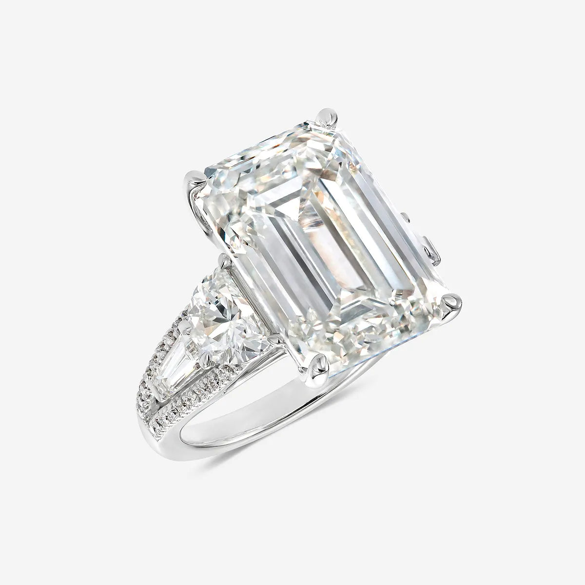 merald Cut Three-Stone Engagement Ring Cushion & Baguette Side Stones & Split Pave Diamond Band