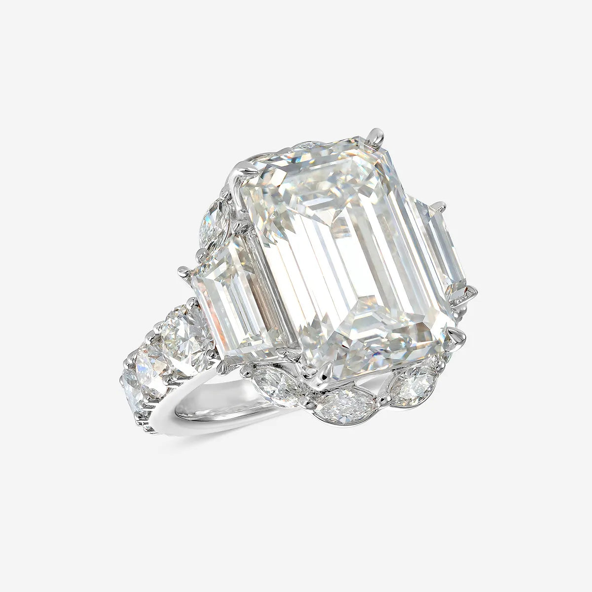 Emerald Cut Five-Stone Ring   Trapezoid Side Stones & Marquise Pave Diamond Band
