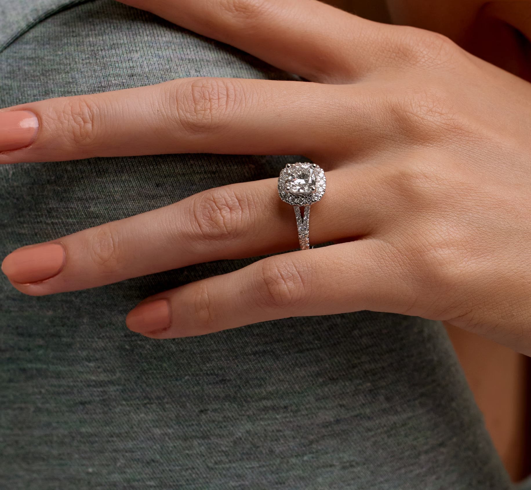 Cushion Lab Grown Diamond Split Shank Halo Engagement Ring