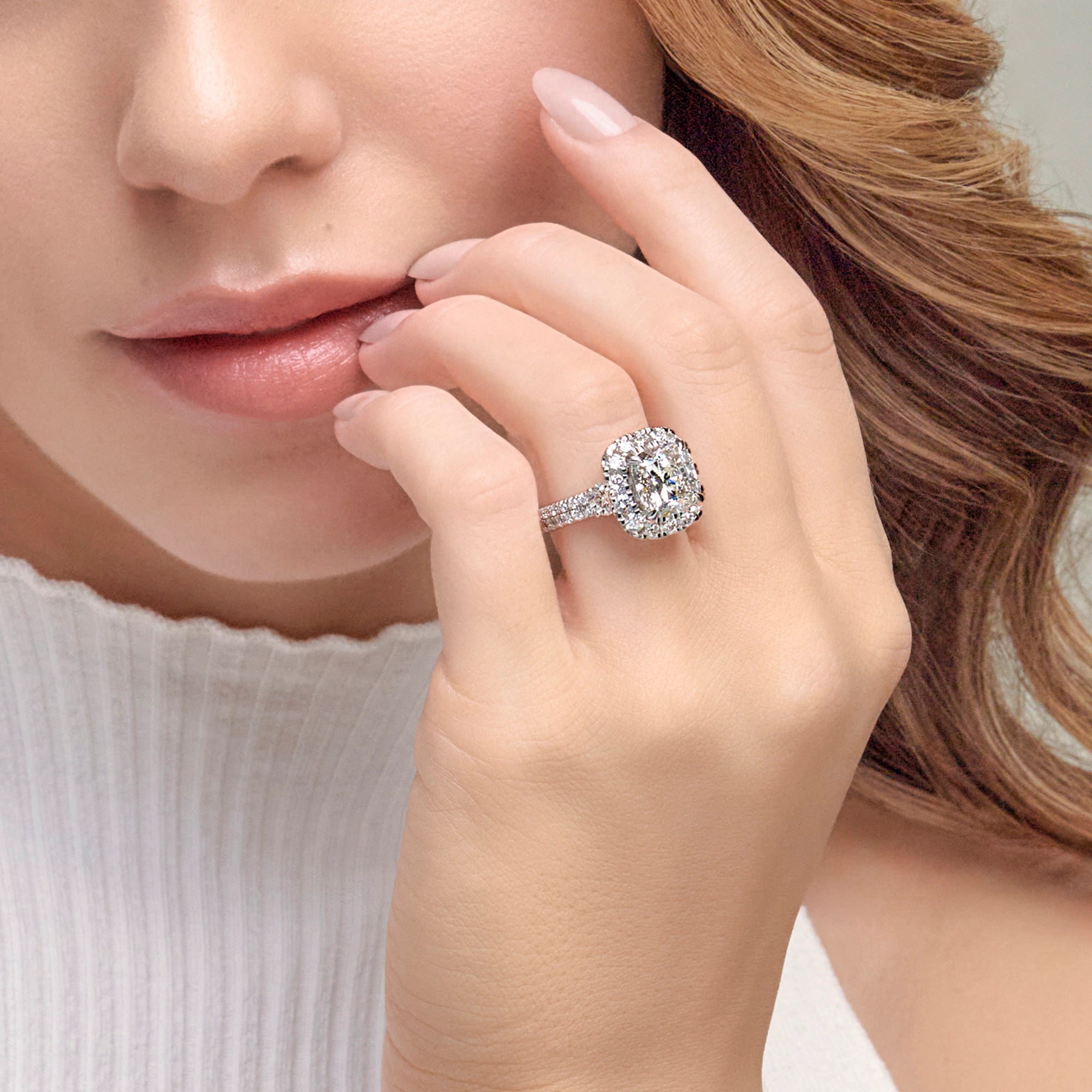 Cushion Lab Grown Diamond Double Row Halo Engagement Ring