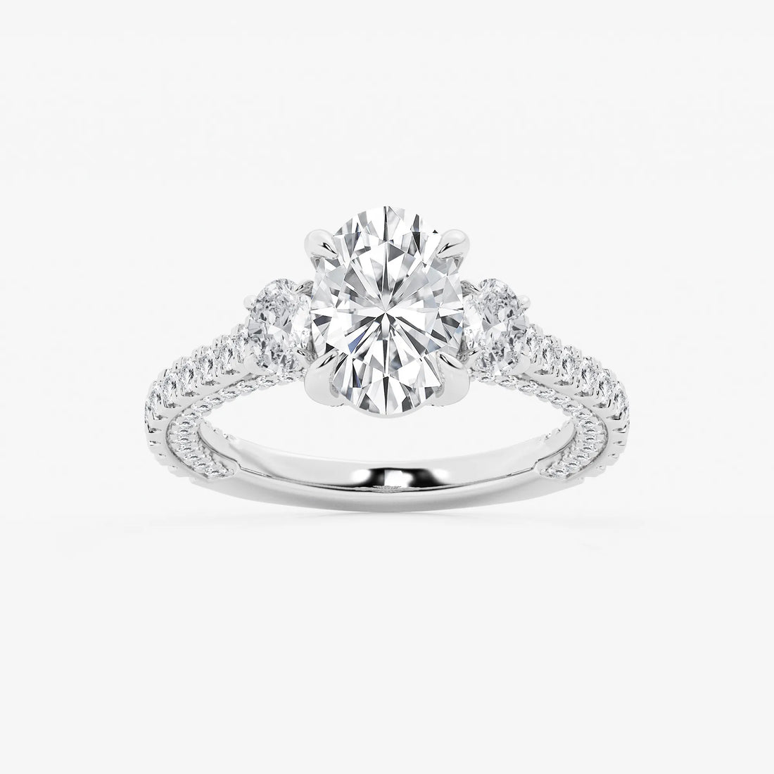 Oval Cut Lab-Grown Diamond Engagement Ring with Side Stones and Pavé Band