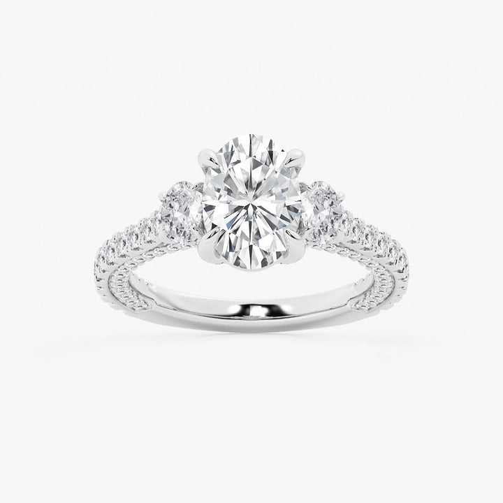 Oval Cut Lab-Grown Diamond Engagement Ring with Side Stones and Pavé Band