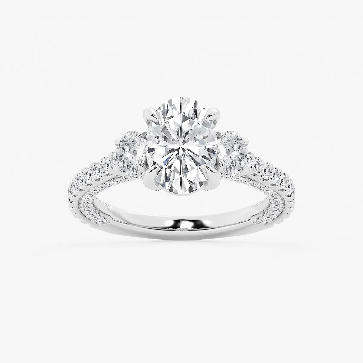 Oval Cut Lab-Grown Diamond Engagement Ring with Side Stones and Pavé Band