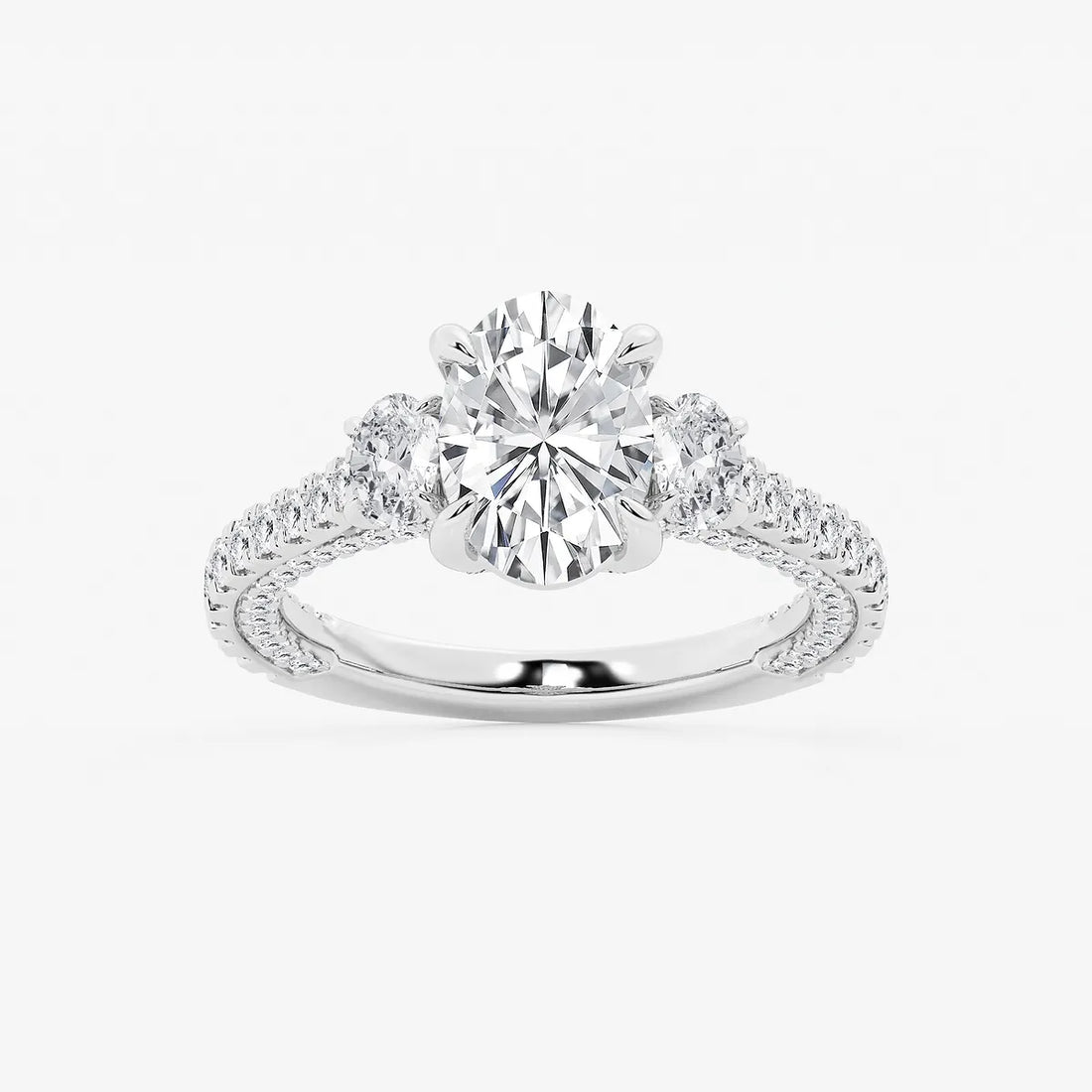 Oval Cut Lab-Grown Diamond Engagement Ring with Side Stones and Pavé Band
