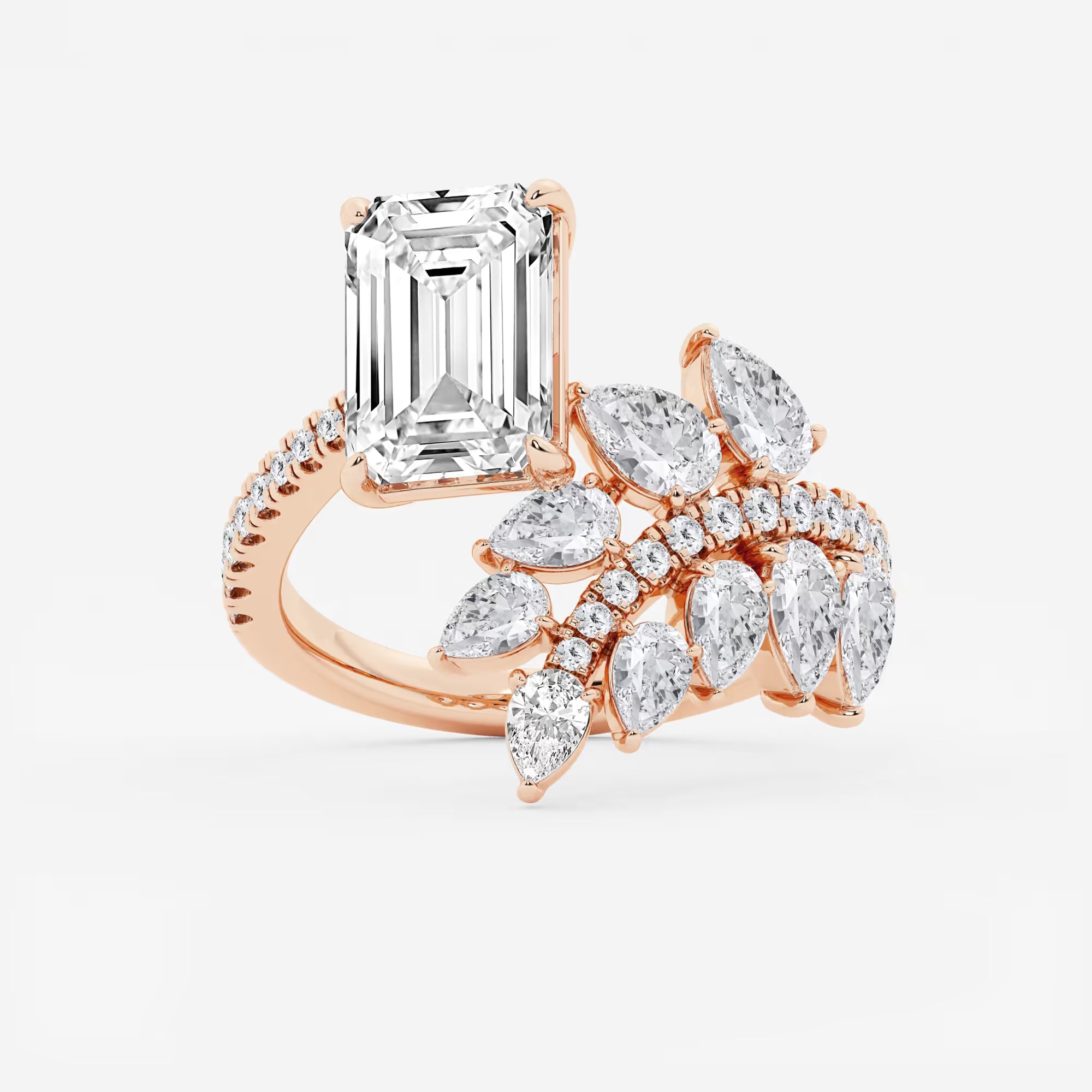 Here's the title and description:  Emerald Cut Toi et Moi Engagement Ring  Floral Marquise & Pear Diamond Bouquet Design