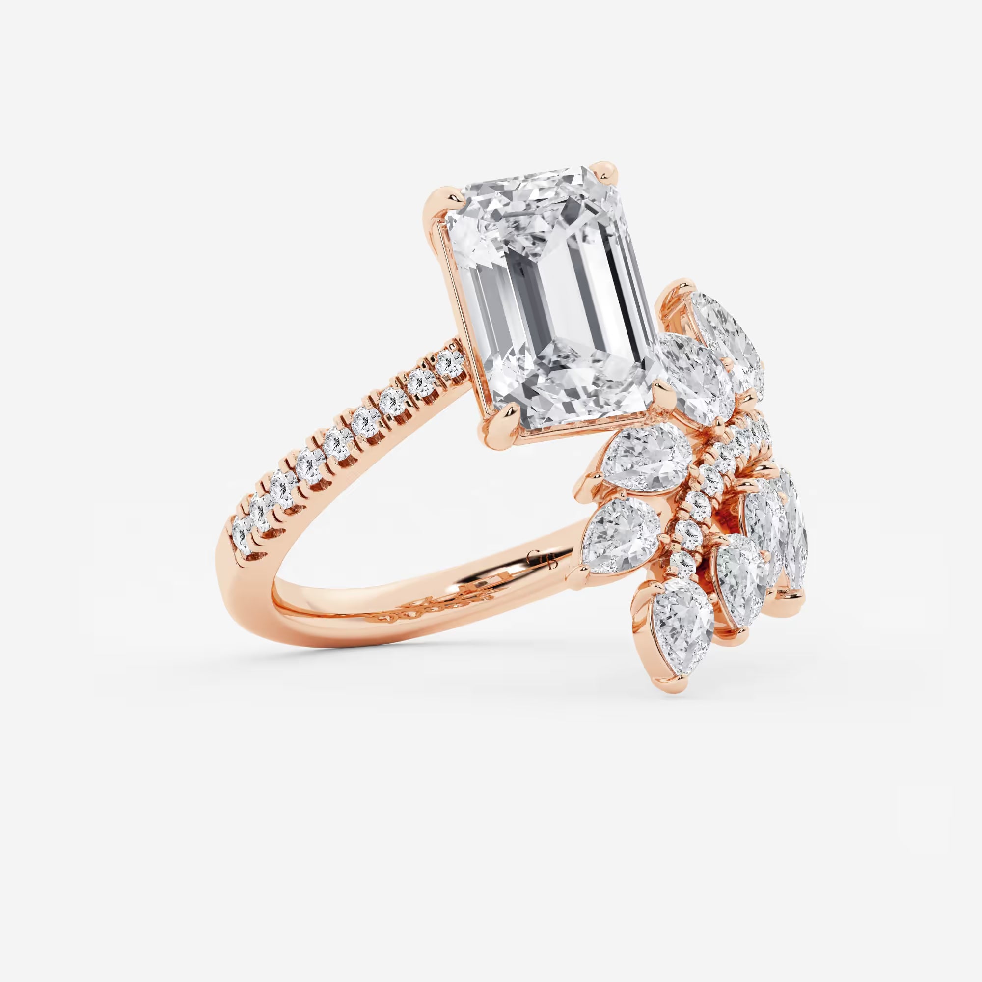 Here's the title and description:  Emerald Cut Toi et Moi Engagement Ring  Floral Marquise & Pear Diamond Bouquet Design