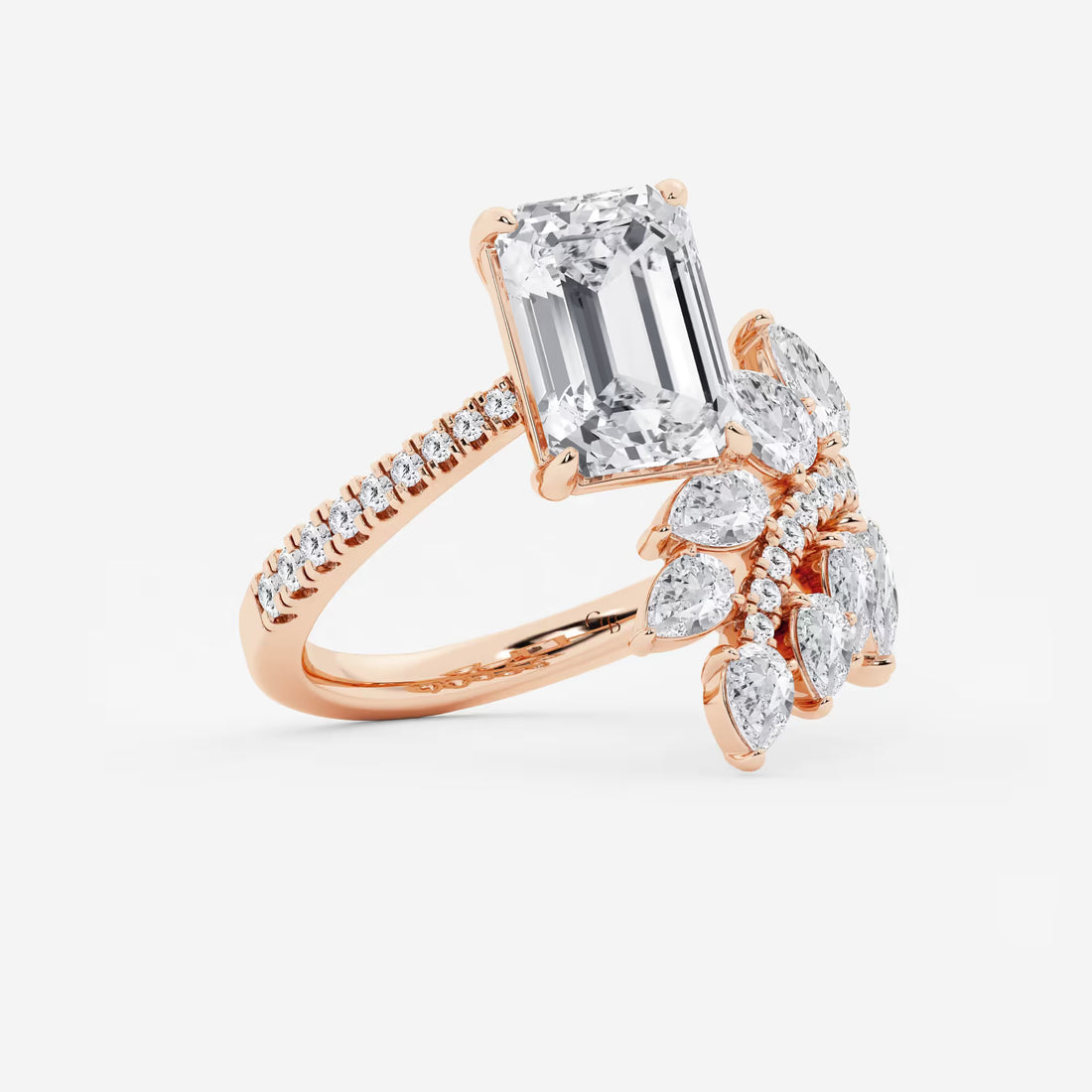 Here's the title and description:  Emerald Cut Toi et Moi Engagement Ring  Floral Marquise & Pear Diamond Bouquet Design