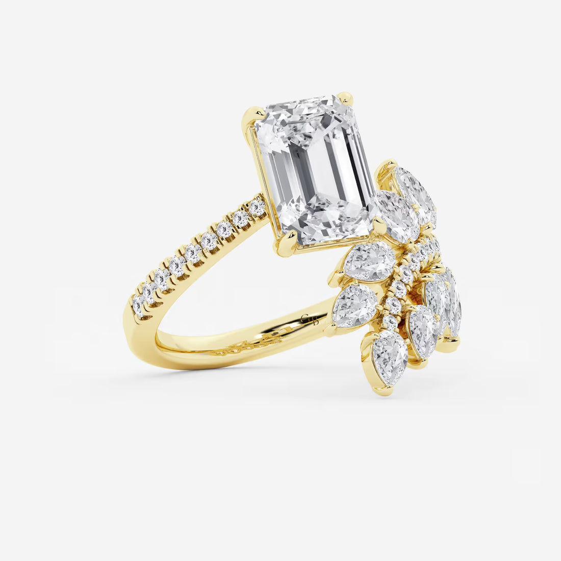 Here's the title and description:  Emerald Cut Toi et Moi Engagement Ring  Floral Marquise & Pear Diamond Bouquet Design