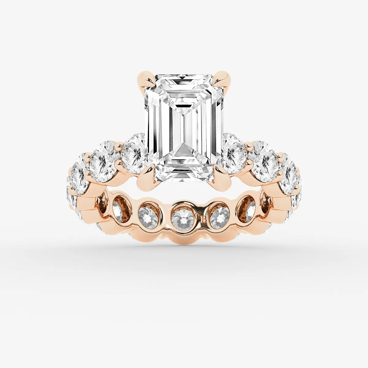 Emerald Cut Solitaire Bridal Set  Large Shared Prong Band & Full Bezel Round Diamond Eternity Band