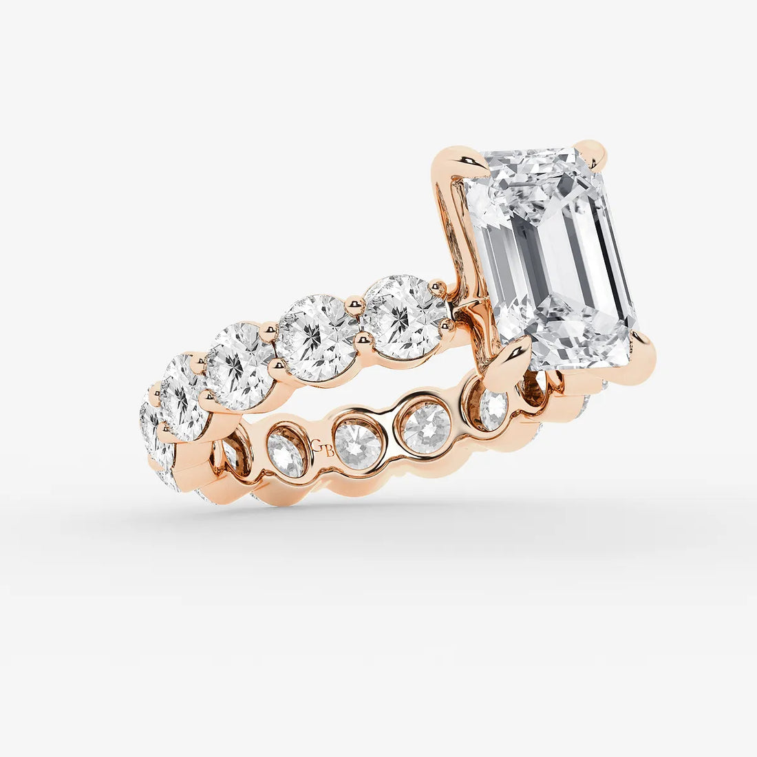 Emerald Cut Solitaire Bridal Set  Large Shared Prong Band & Full Bezel Round Diamond Eternity Band