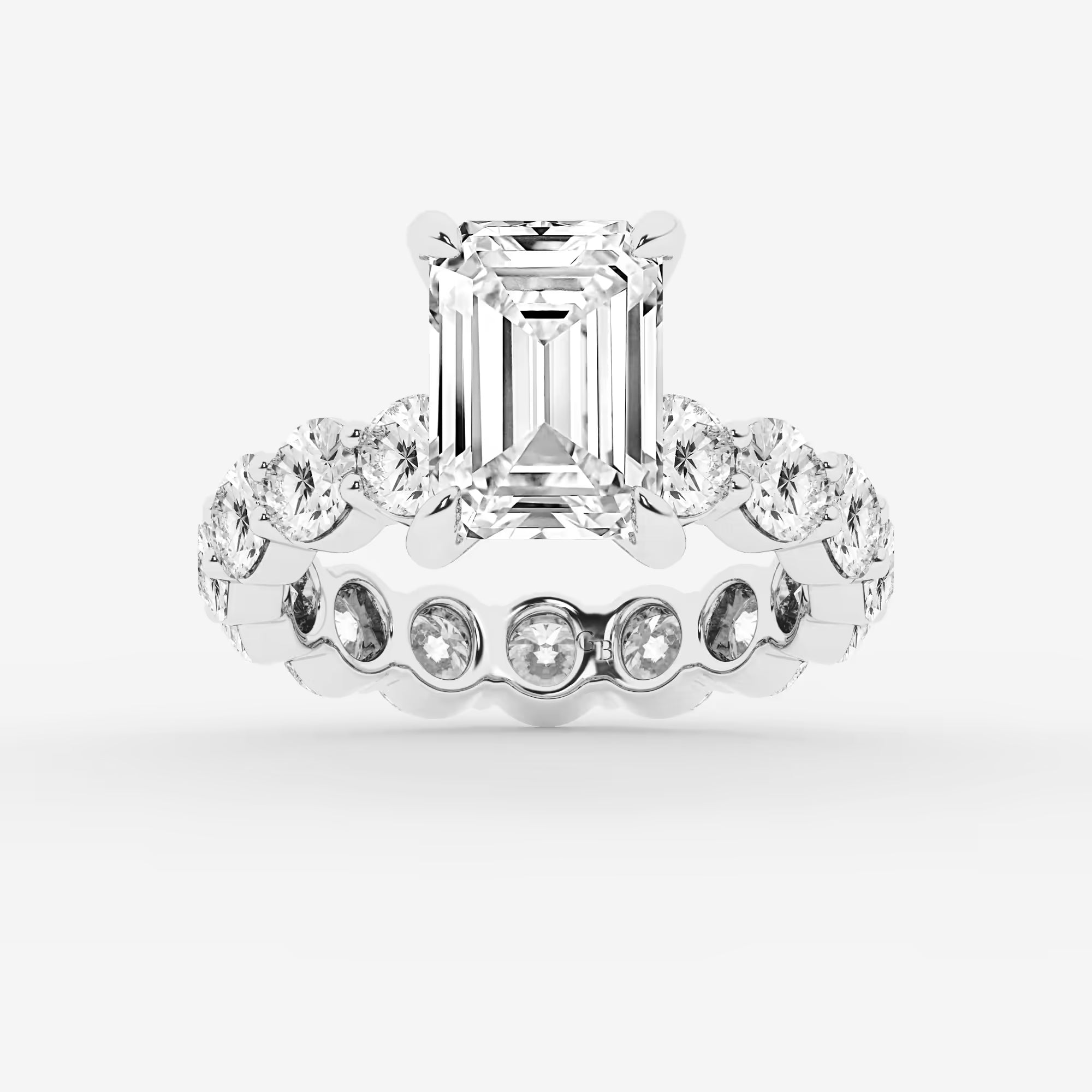 Emerald Cut Solitaire Bridal Set  Large Shared Prong Band & Full Bezel Round Diamond Eternity Band