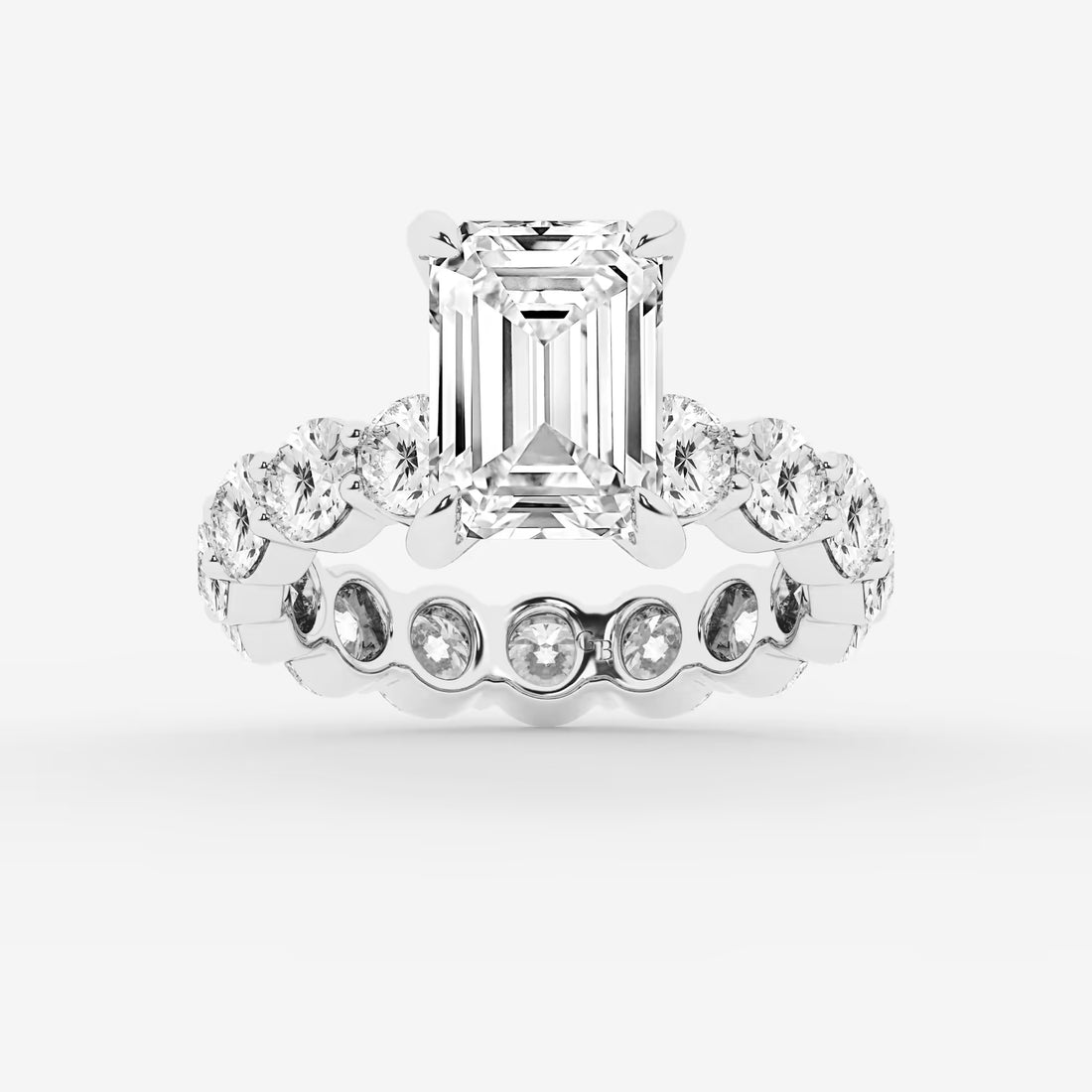 Emerald Cut Solitaire Bridal Set  Large Shared Prong Band & Full Bezel Round Diamond Eternity Band