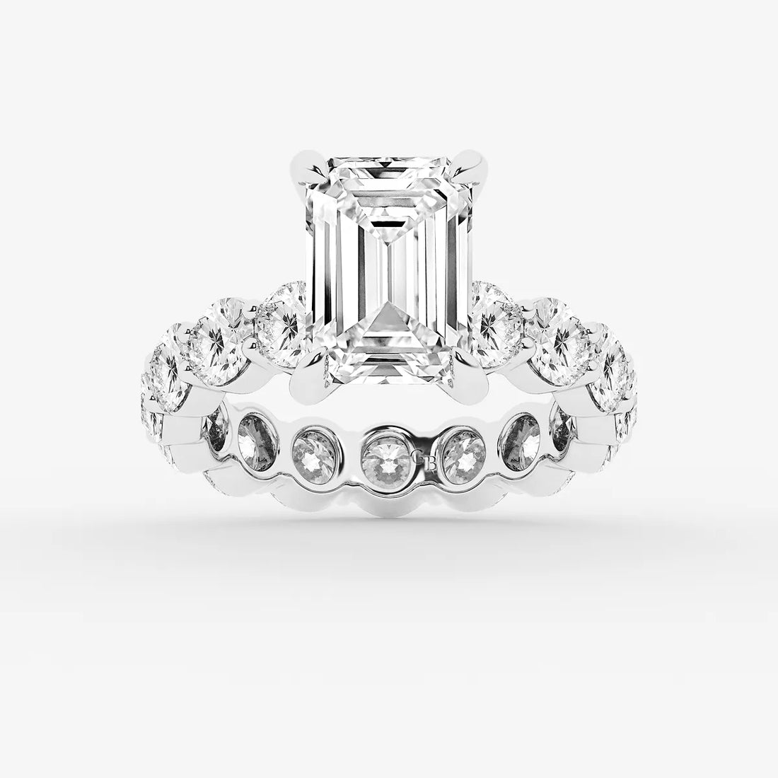 Emerald Cut Solitaire Bridal Set  Large Shared Prong Band & Full Bezel Round Diamond Eternity Band