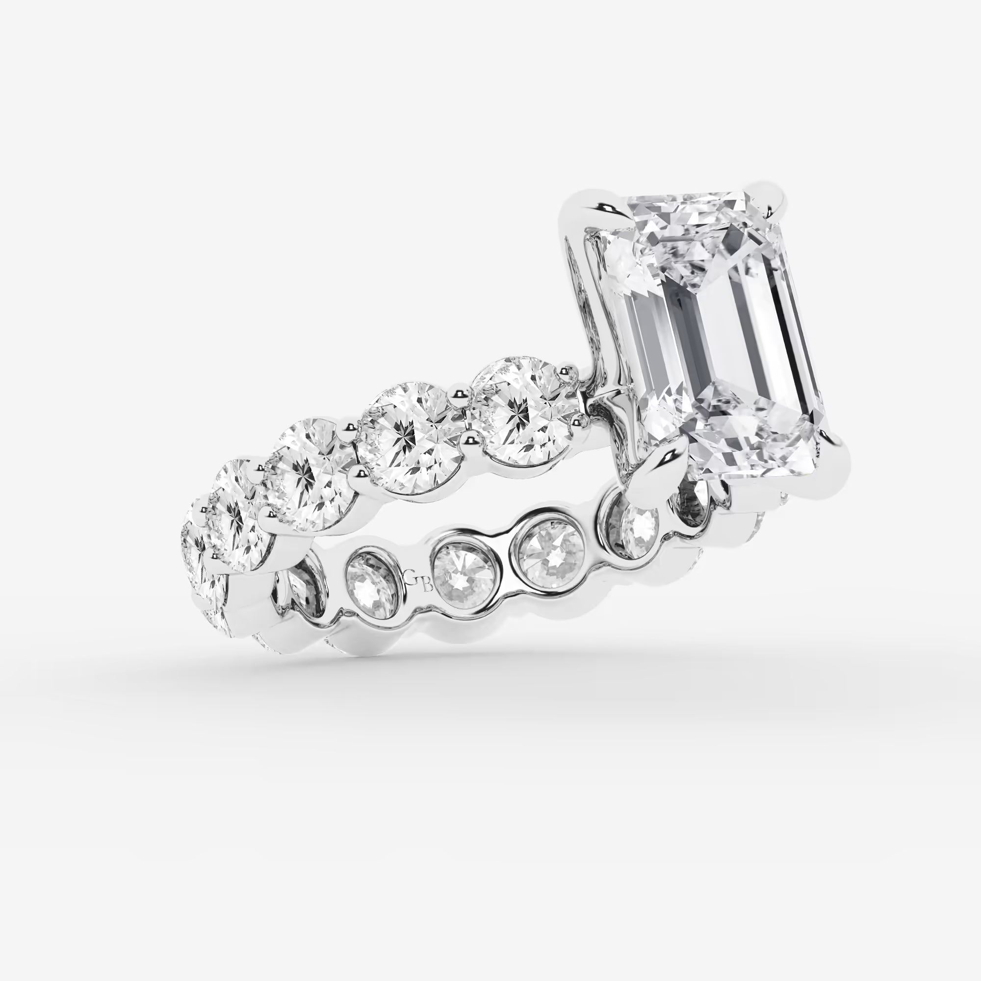 Emerald Cut Solitaire Bridal Set  Large Shared Prong Band & Full Bezel Round Diamond Eternity Band
