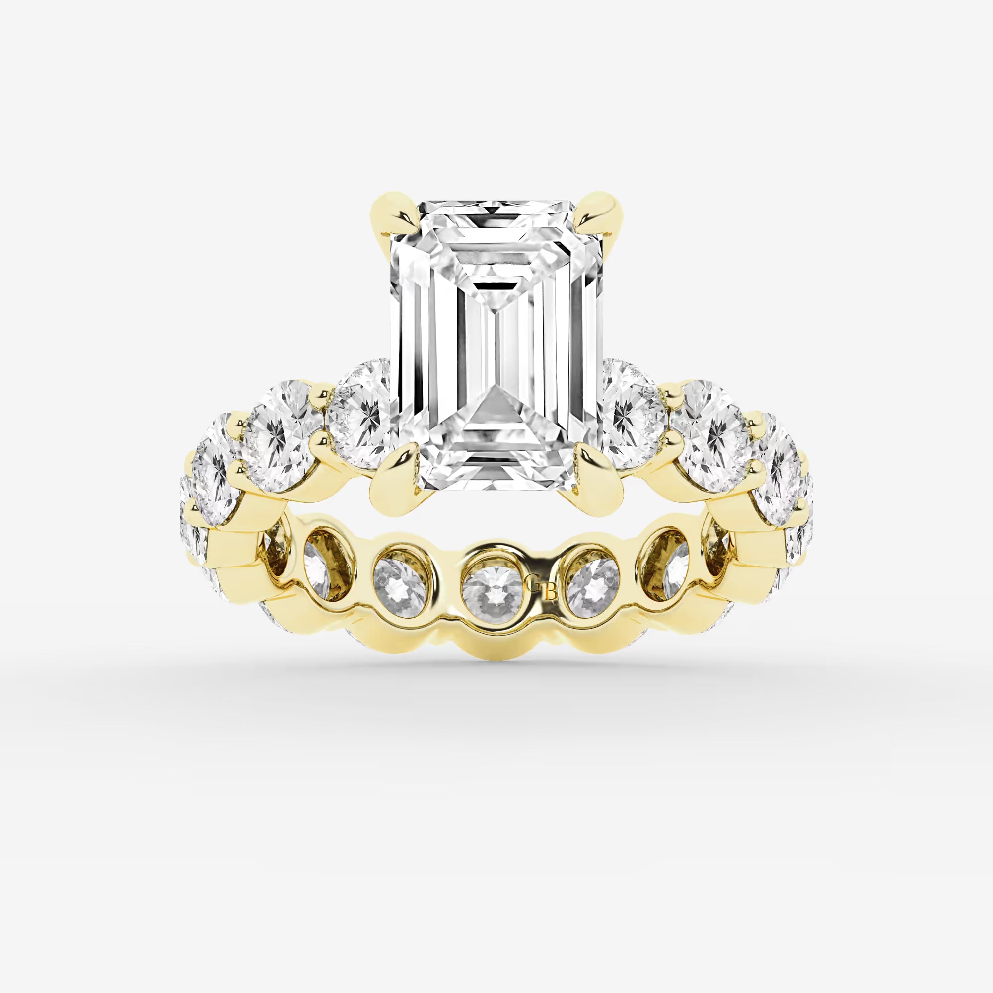 Emerald Cut Solitaire Bridal Set  Large Shared Prong Band & Full Bezel Round Diamond Eternity Band