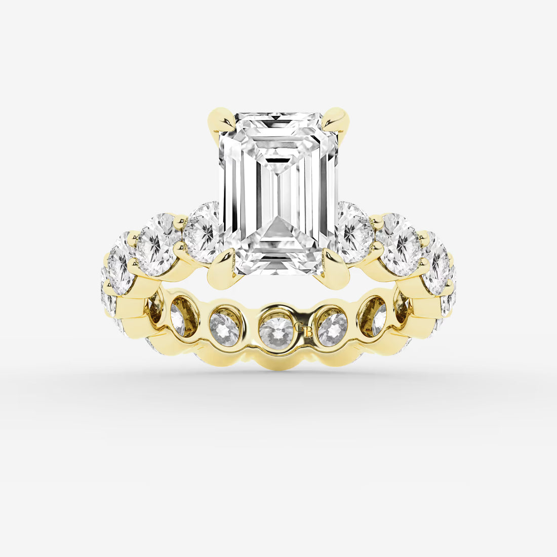 Emerald Cut Solitaire Bridal Set  Large Shared Prong Band & Full Bezel Round Diamond Eternity Band