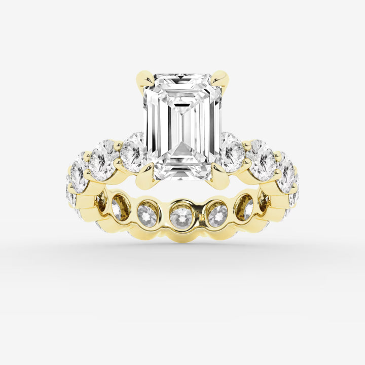 Emerald Cut Solitaire Bridal Set  Large Shared Prong Band & Full Bezel Round Diamond Eternity Band