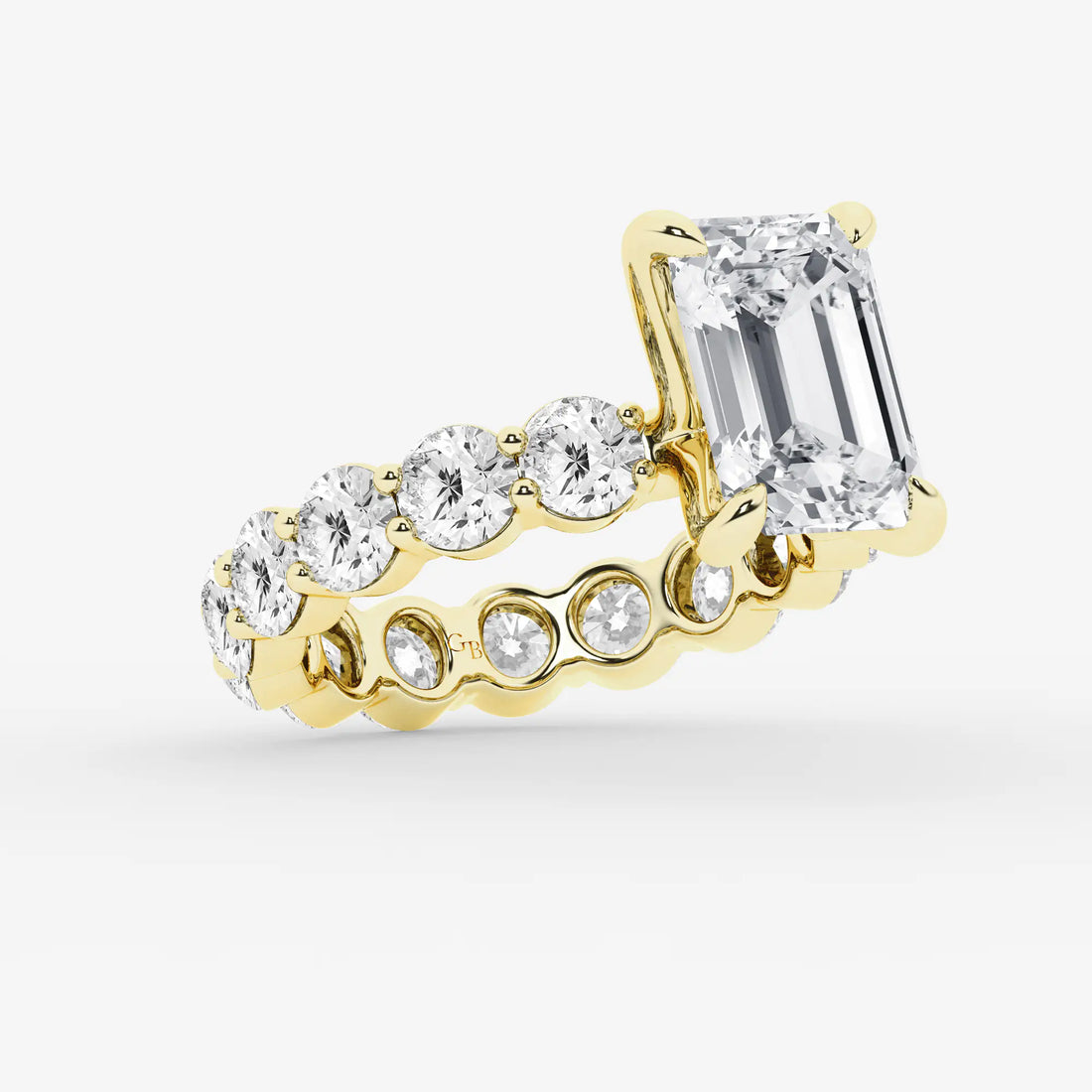 Emerald Cut Solitaire Bridal Set  Large Shared Prong Band & Full Bezel Round Diamond Eternity Band