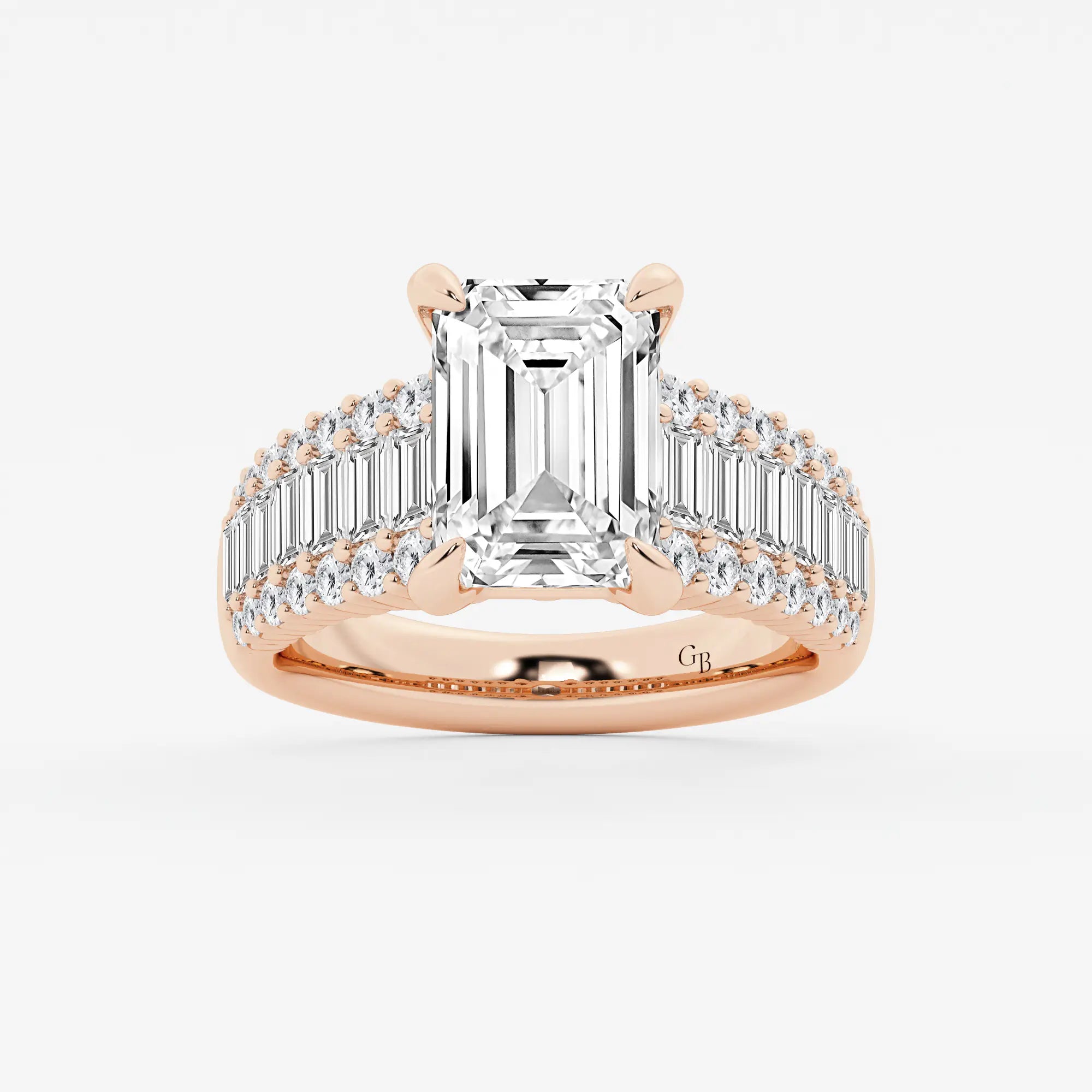 Emerald Cut Ring with Triple Row Baguette & Round Pave Diamond Band