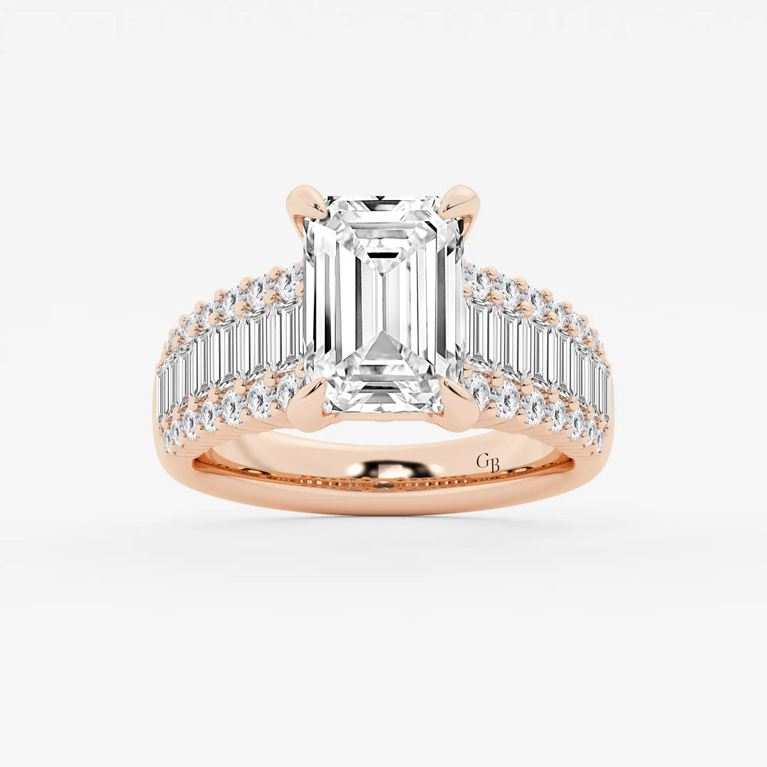 Emerald Cut Ring with Triple Row Baguette & Round Pave Diamond Band