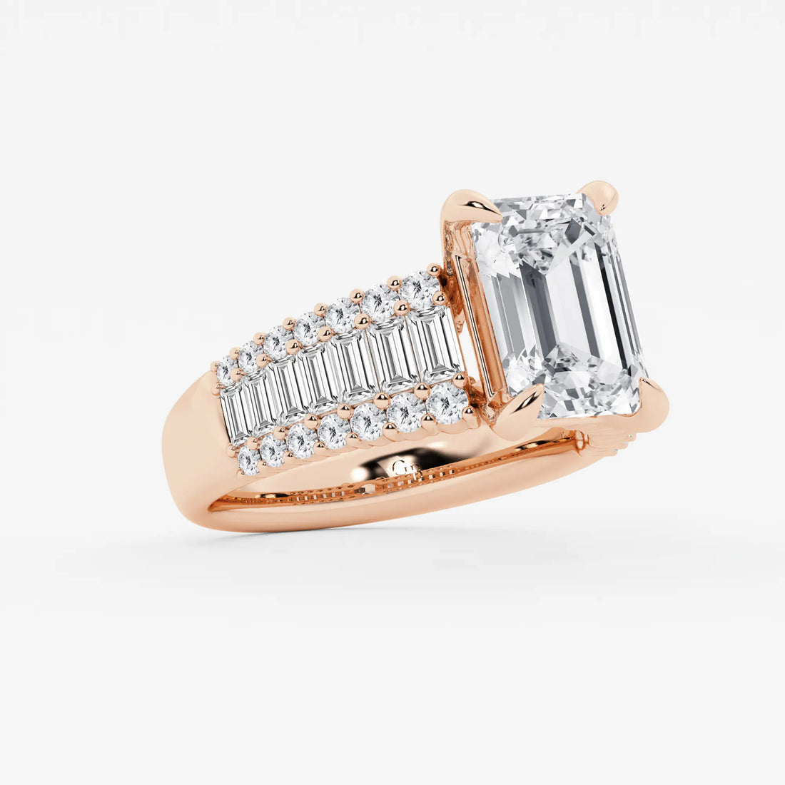 Emerald Cut Ring with Triple Row Baguette & Round Pave Diamond Band