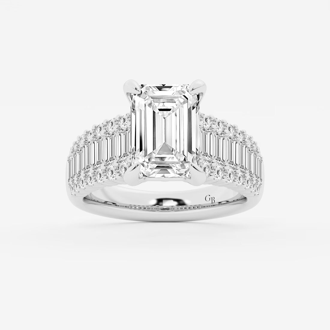 Emerald Cut Ring with Triple Row Baguette & Round Pave Diamond Band