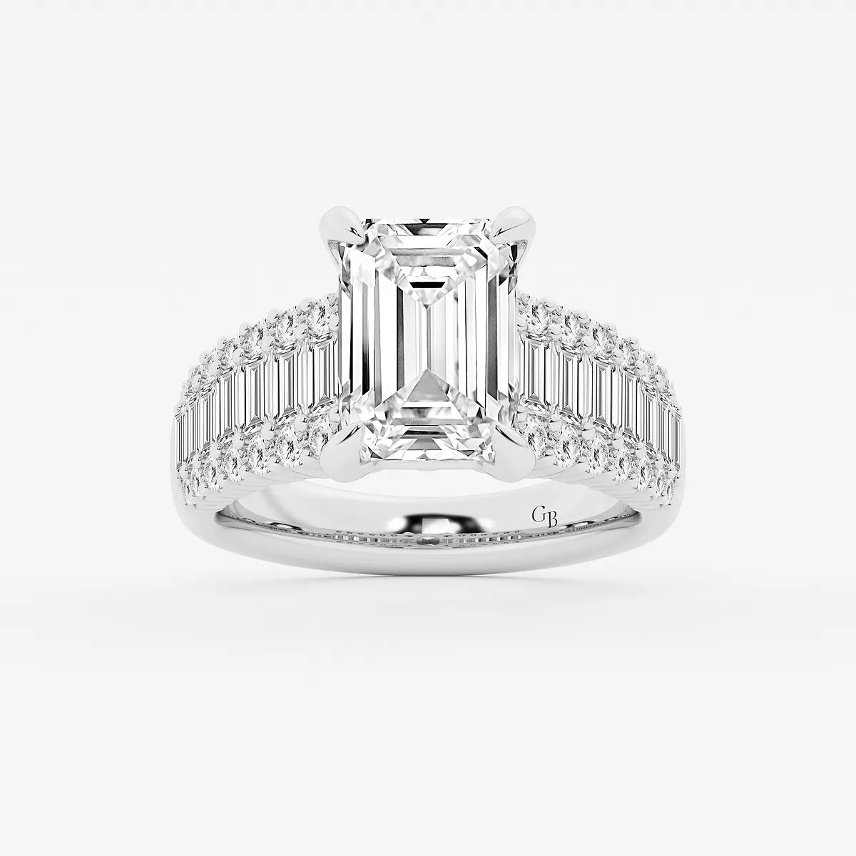 Emerald Cut Ring with Triple Row Baguette & Round Pave Diamond Band