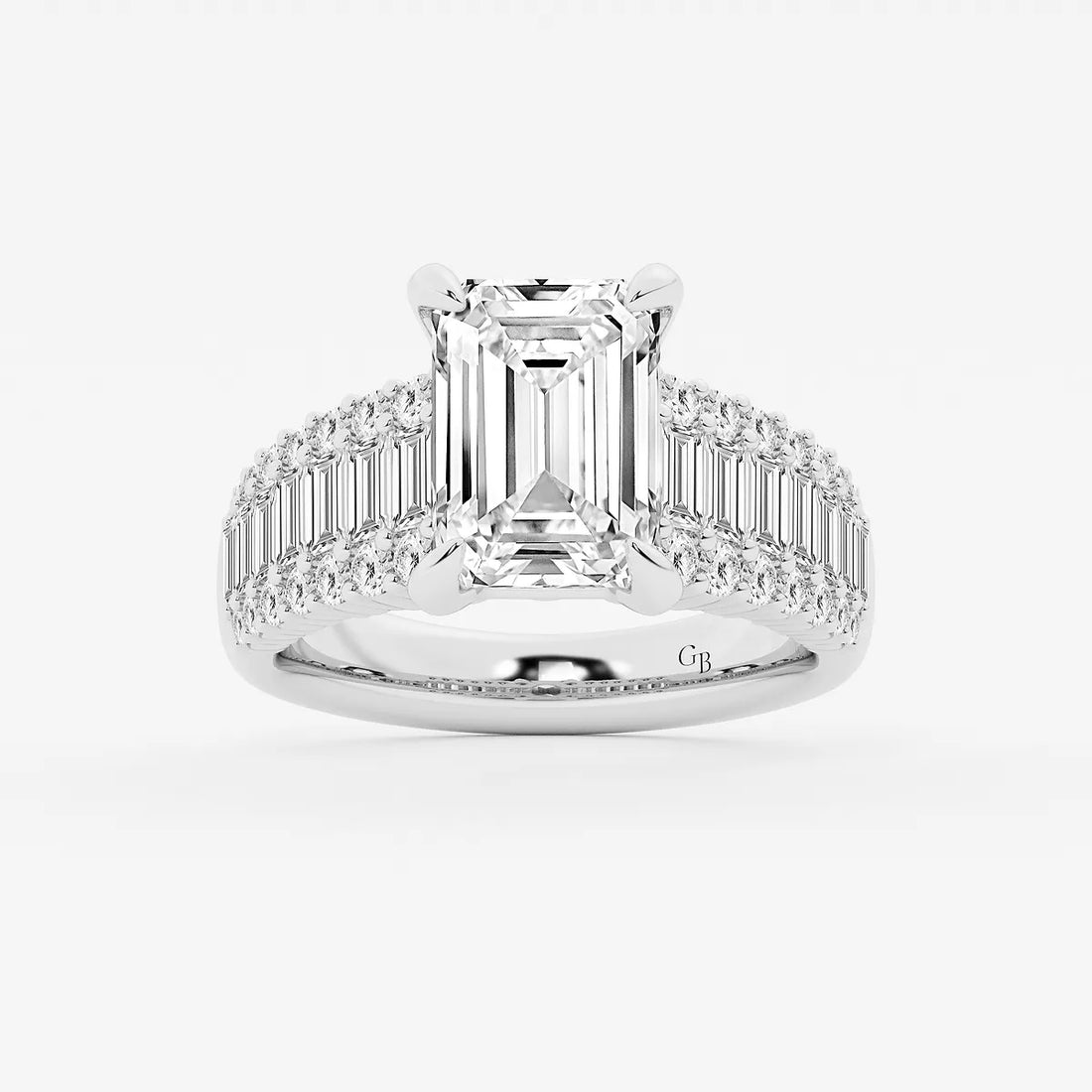 Emerald Cut Ring with Triple Row Baguette & Round Pave Diamond Band