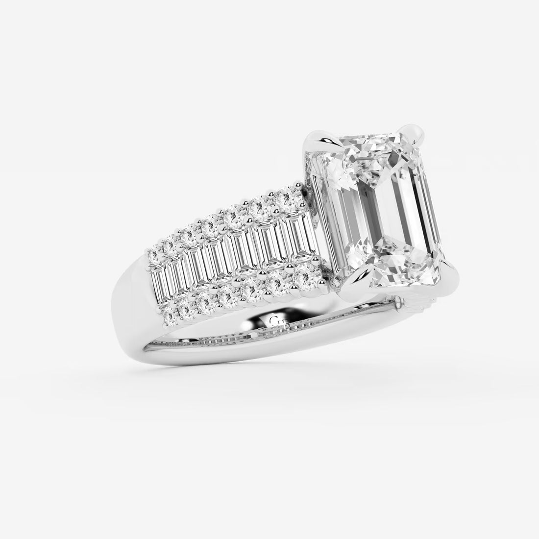Emerald Cut Ring with Triple Row Baguette & Round Pave Diamond Band