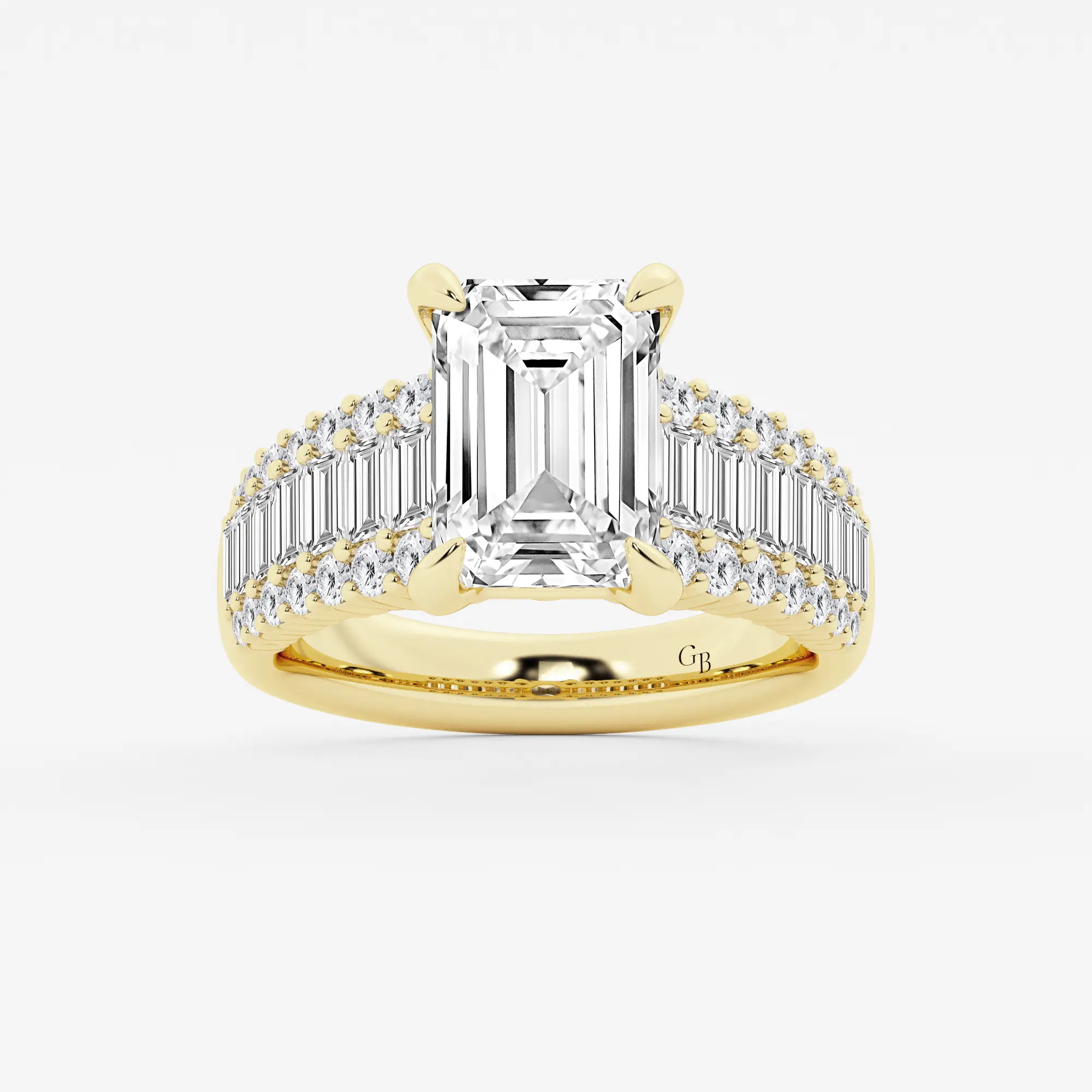 Emerald Cut Ring with Triple Row Baguette & Round Pave Diamond Band