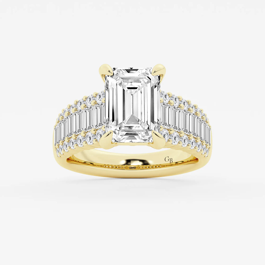 Emerald Cut Ring with Triple Row Baguette & Round Pave Diamond Band