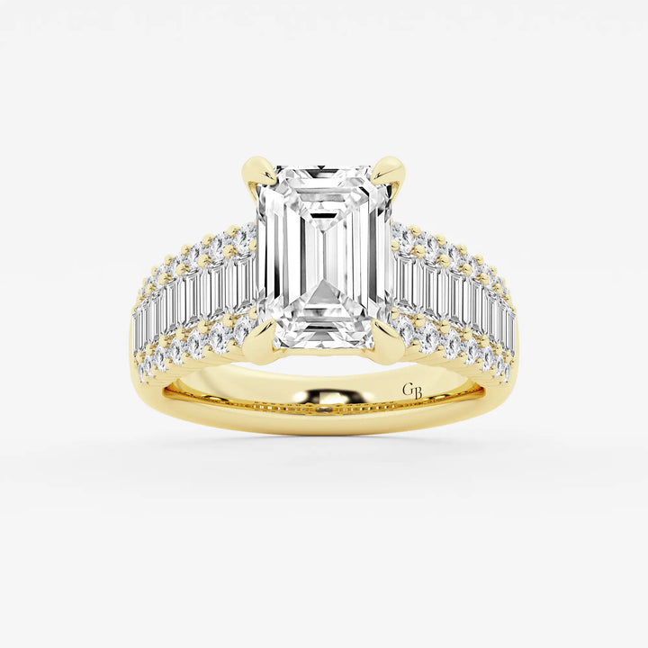 Emerald Cut Ring with Triple Row Baguette & Round Pave Diamond Band