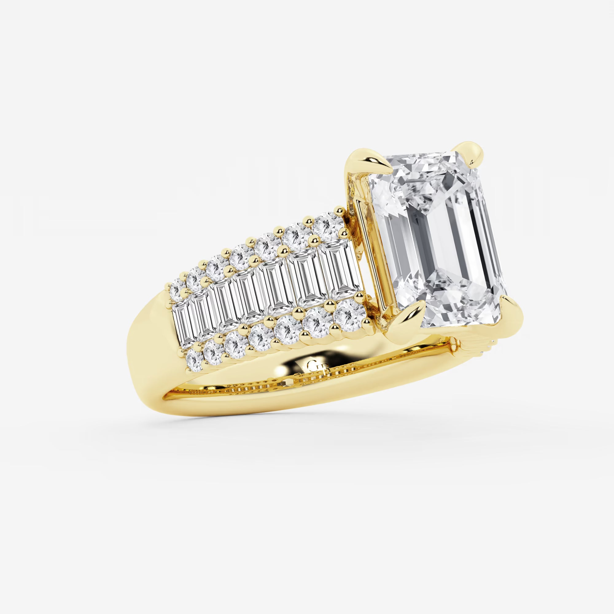 Emerald Cut Ring with Triple Row Baguette & Round Pave Diamond Band