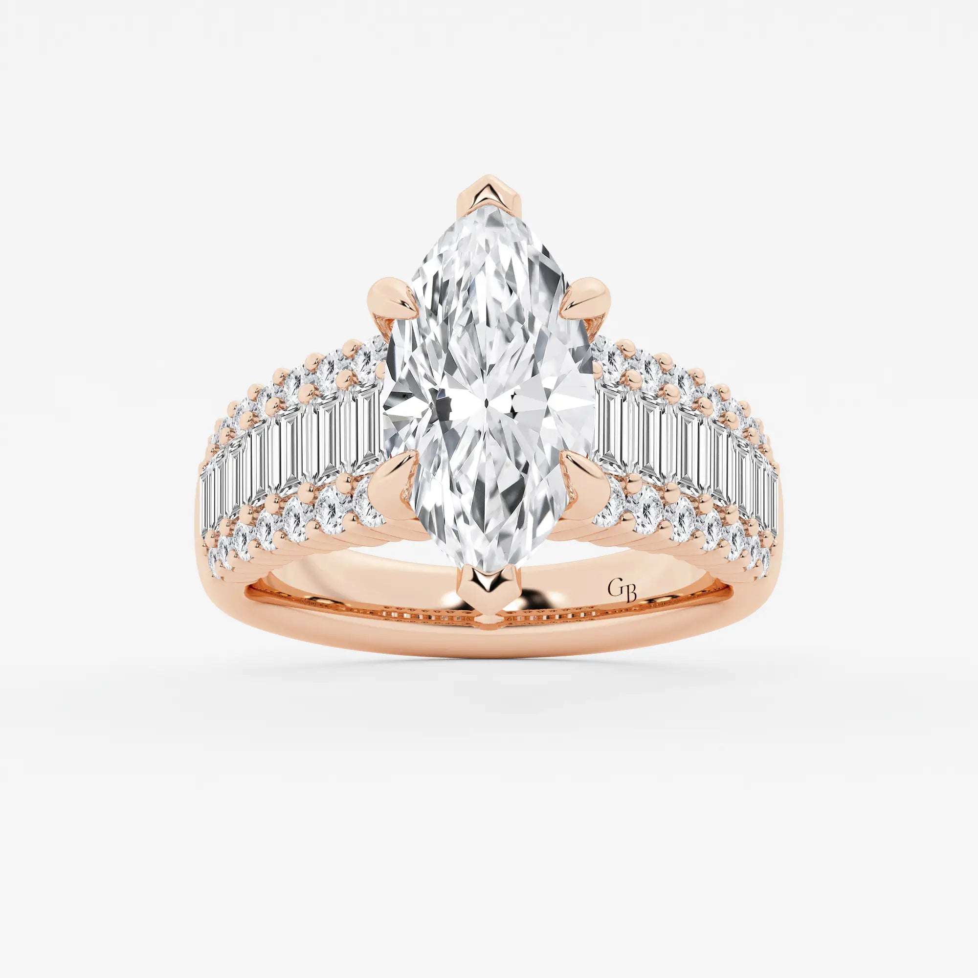 Maravelle Marquise Lab-Grown Diamond Side Stone Engagement Ring with Round & Baguette Accents