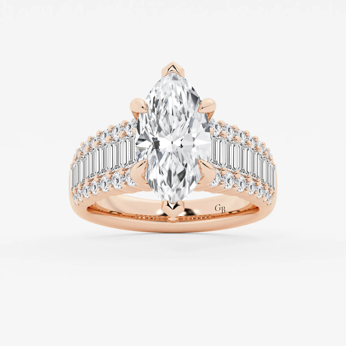 Maravelle Marquise Lab-Grown Diamond Side Stone Engagement Ring with Round & Baguette Accents