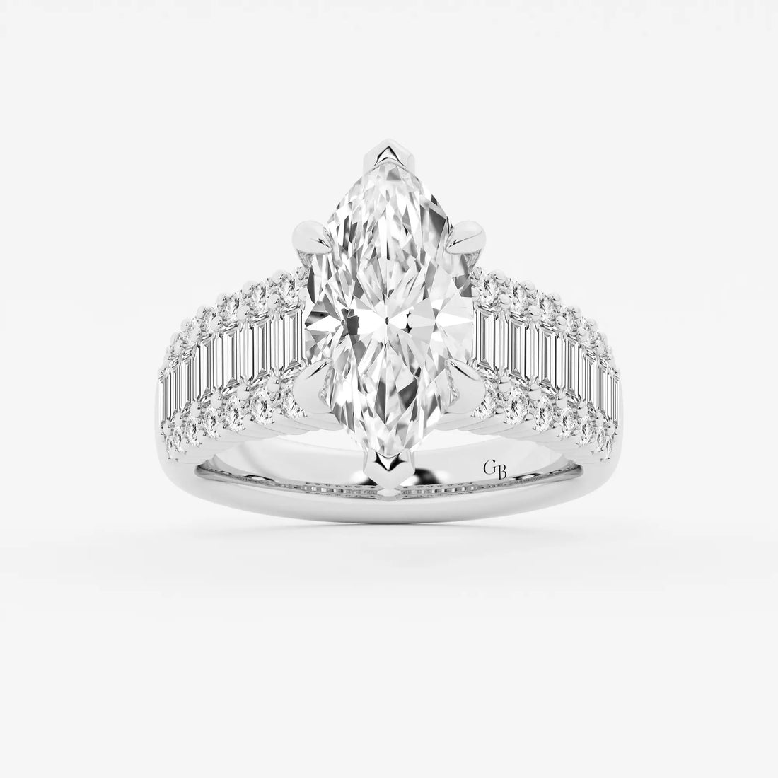 Maravelle Marquise Lab-Grown Diamond Side Stone Engagement Ring with Round & Baguette Accents