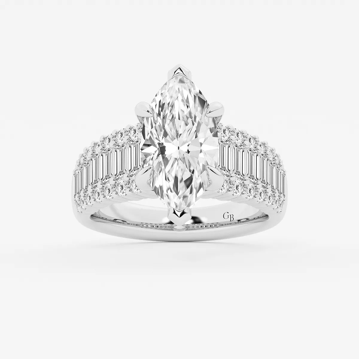Maravelle Marquise Lab-Grown Diamond Side Stone Engagement Ring with Round & Baguette Accents