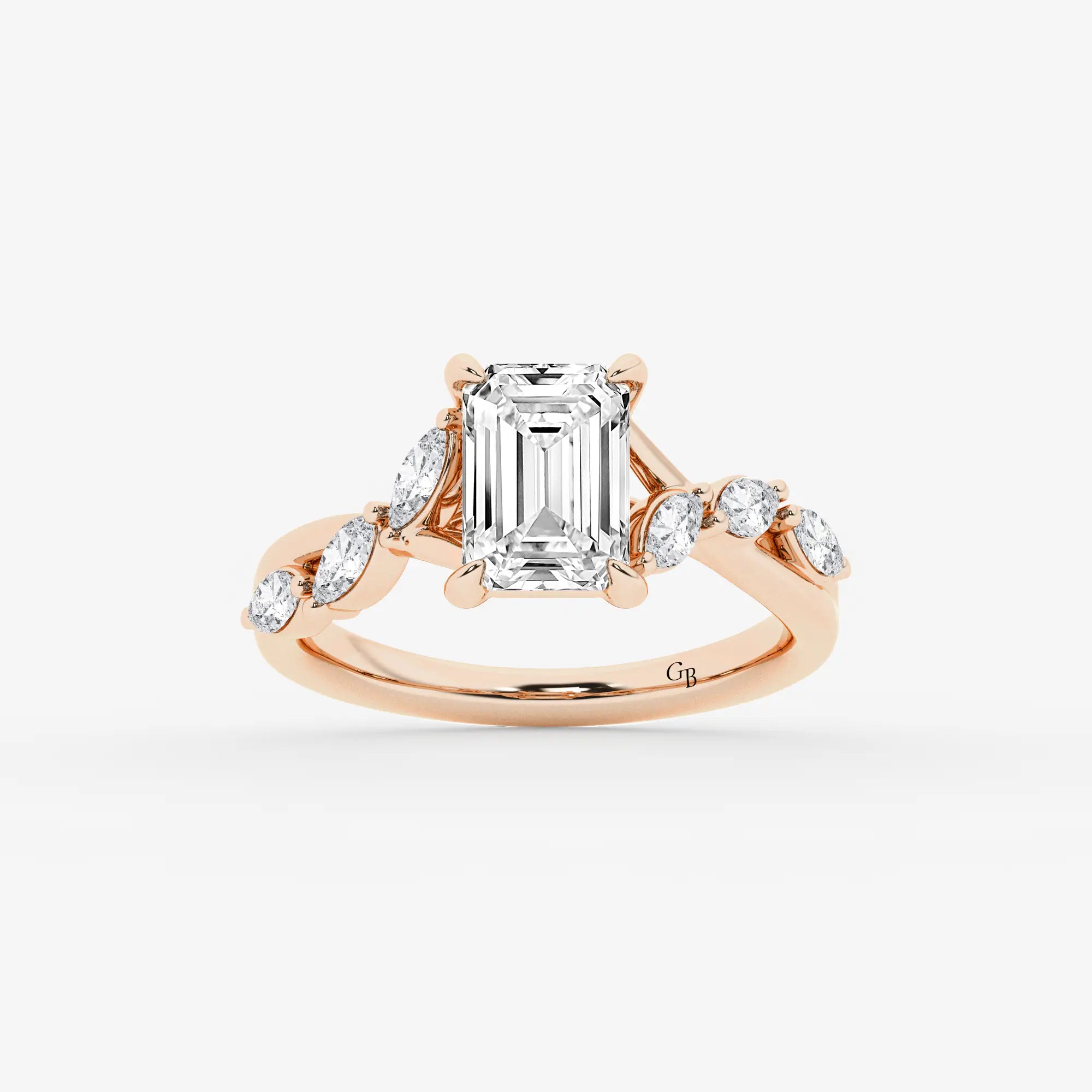 Emerald Cut Solitaire Engagement Ring   Scattered Round Diamond Band