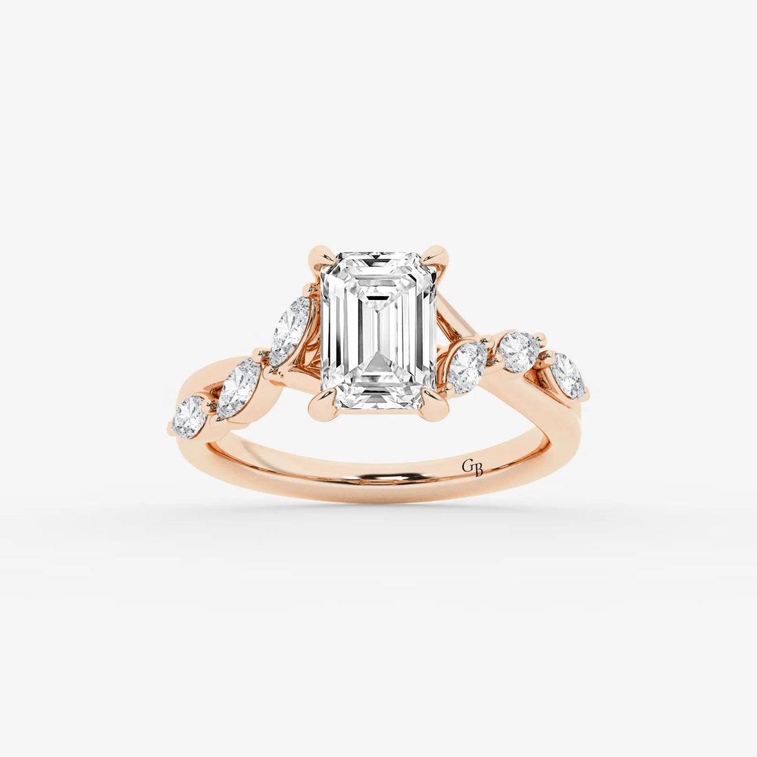 Emerald Cut Solitaire Engagement Ring   Scattered Round Diamond Band