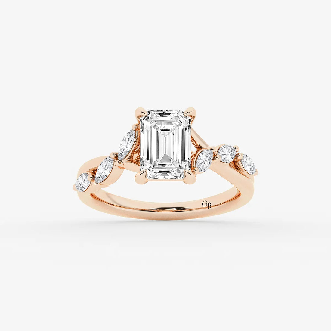 Emerald Cut Solitaire Engagement Ring   Scattered Round Diamond Band