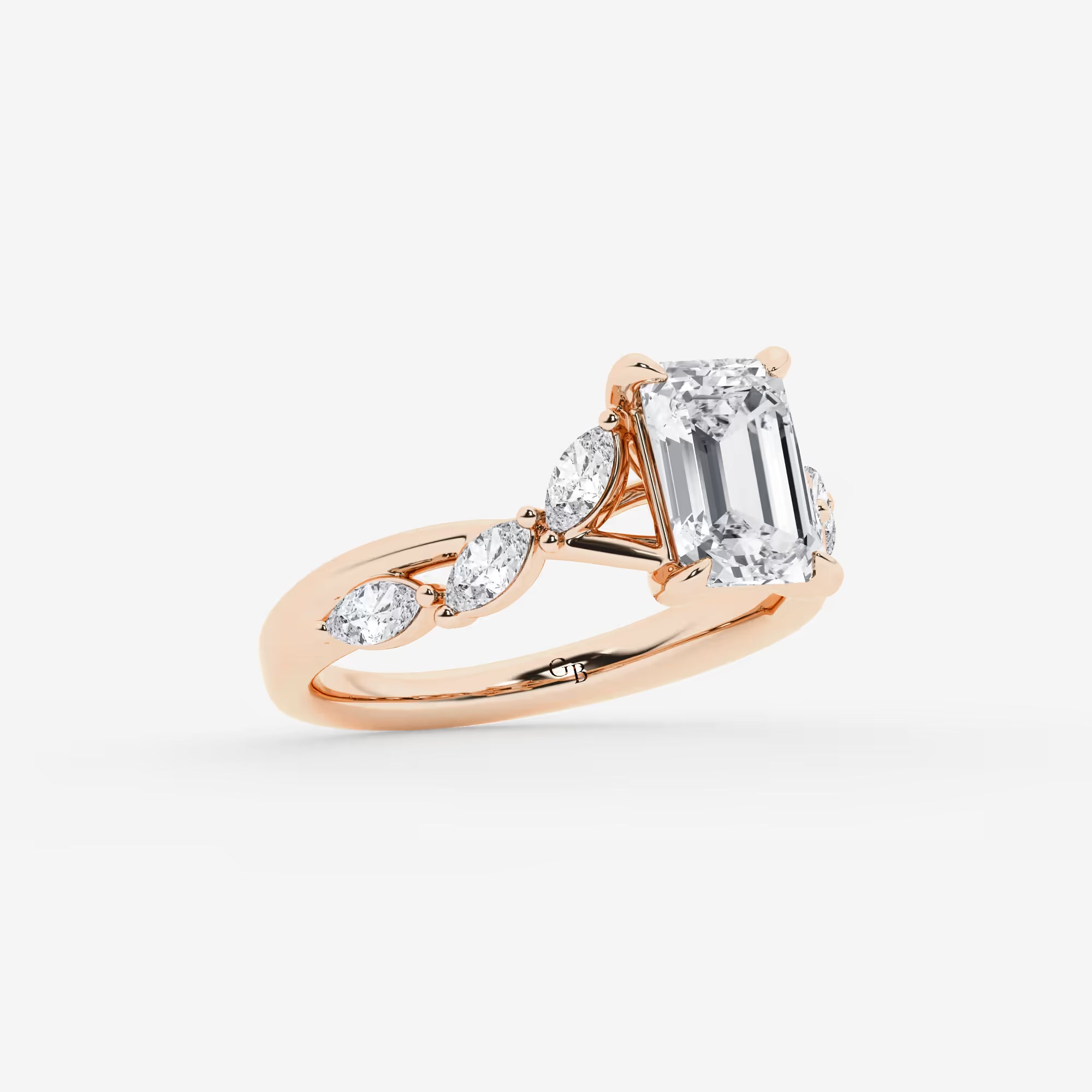 Emerald Cut Solitaire Engagement Ring   Scattered Round Diamond Band