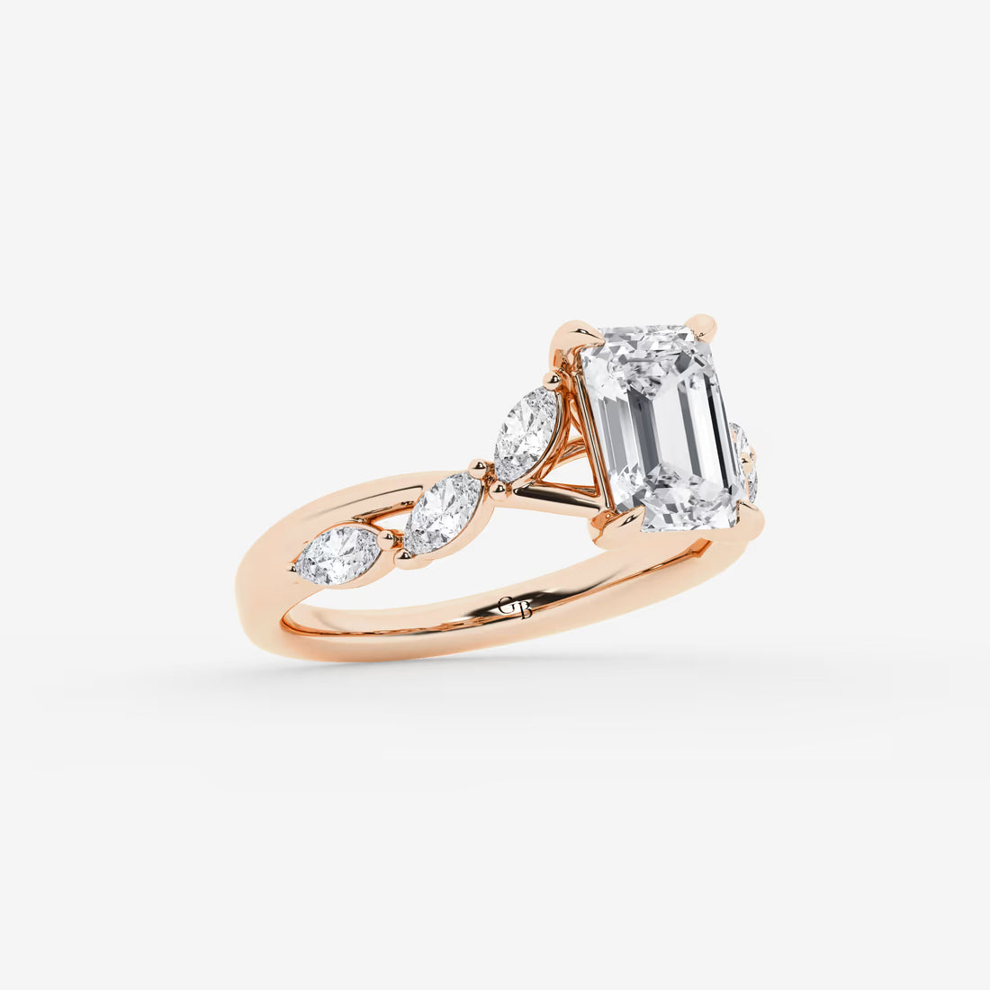 Emerald Cut Solitaire Engagement Ring   Scattered Round Diamond Band